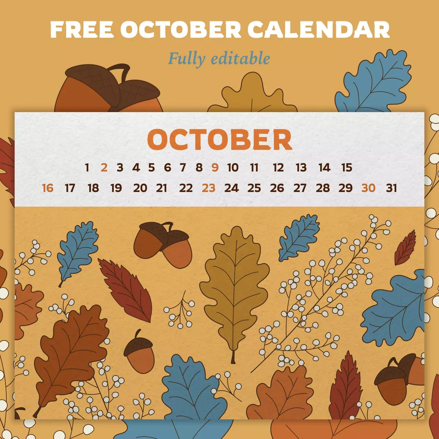 Free Editable Calendar October Acorns And Leaves Preview.