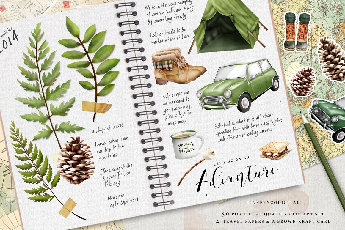Notebook with notes, cars, tents.