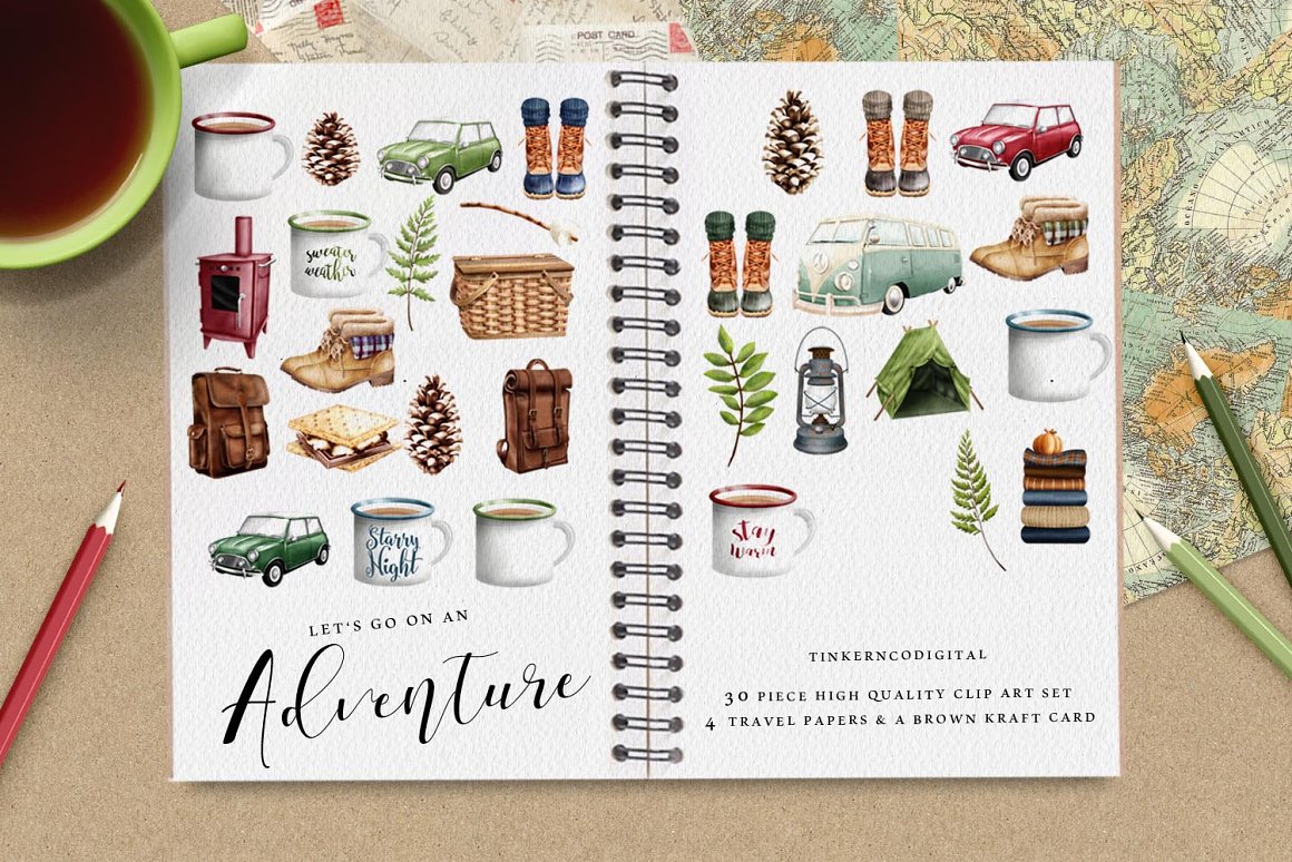 Image in a notebook with things for travelers.