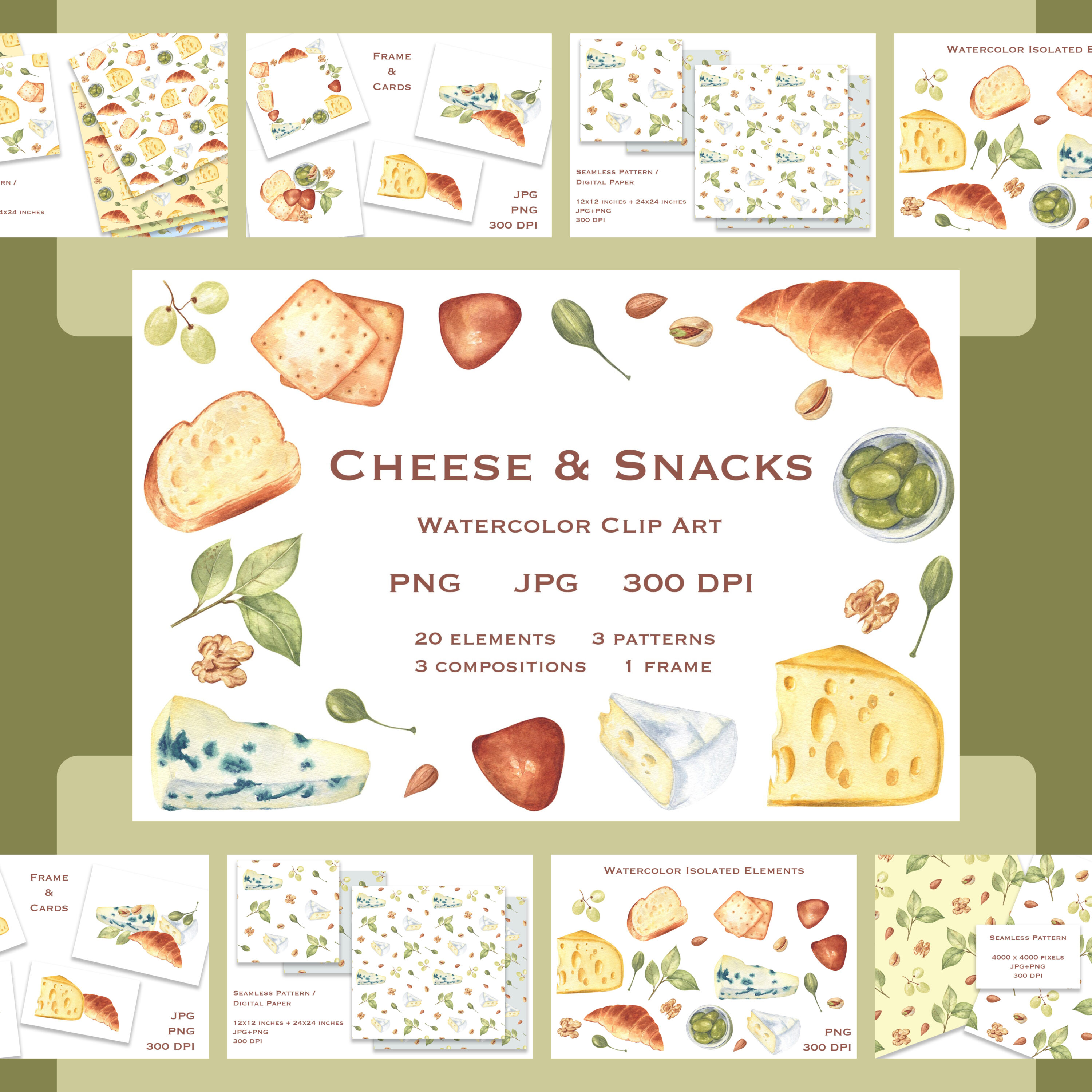 Preview cheese and snacks. watercolor clipart patterns.