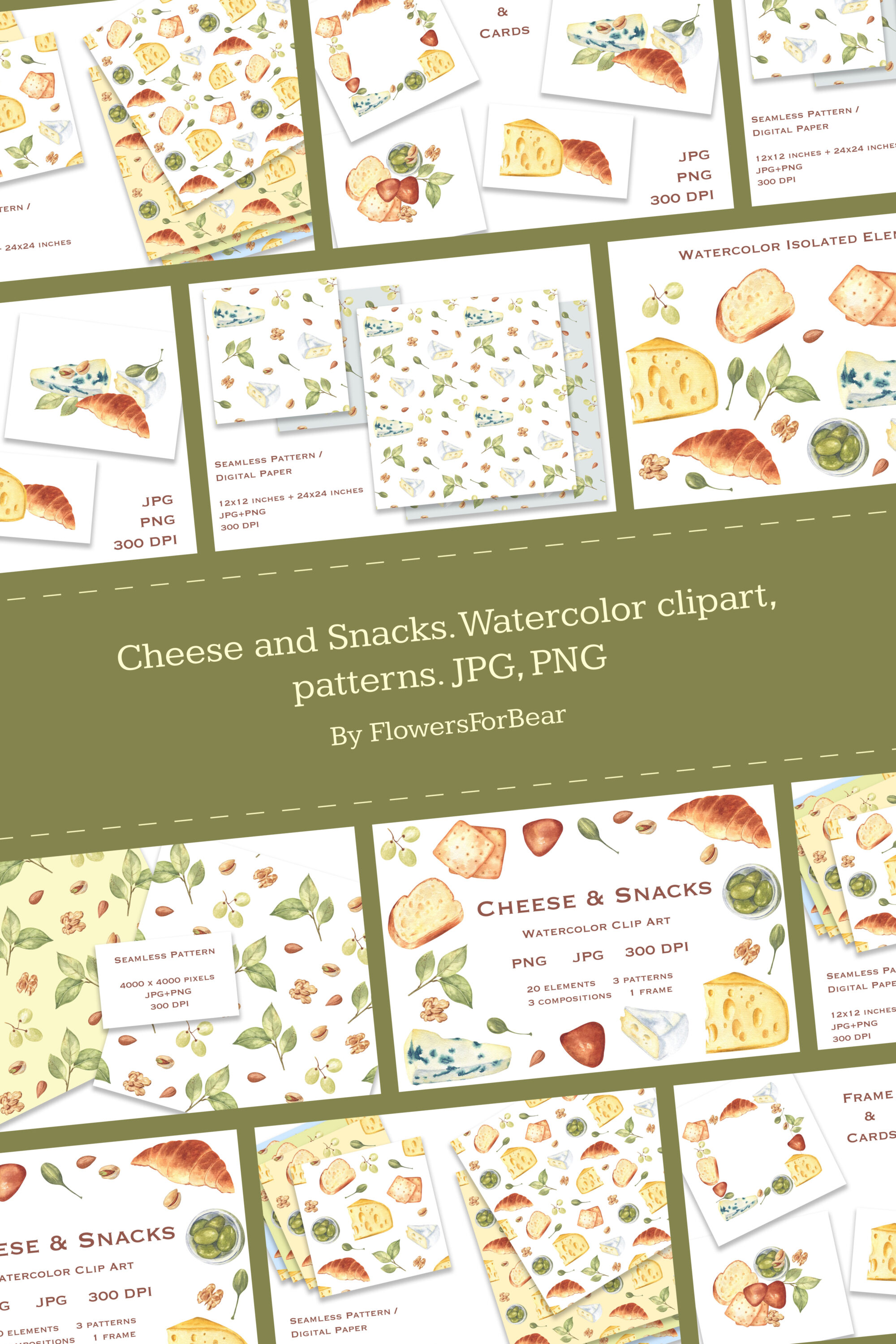 Cheese and snacks. watercolor clipart patterns of pinterest..