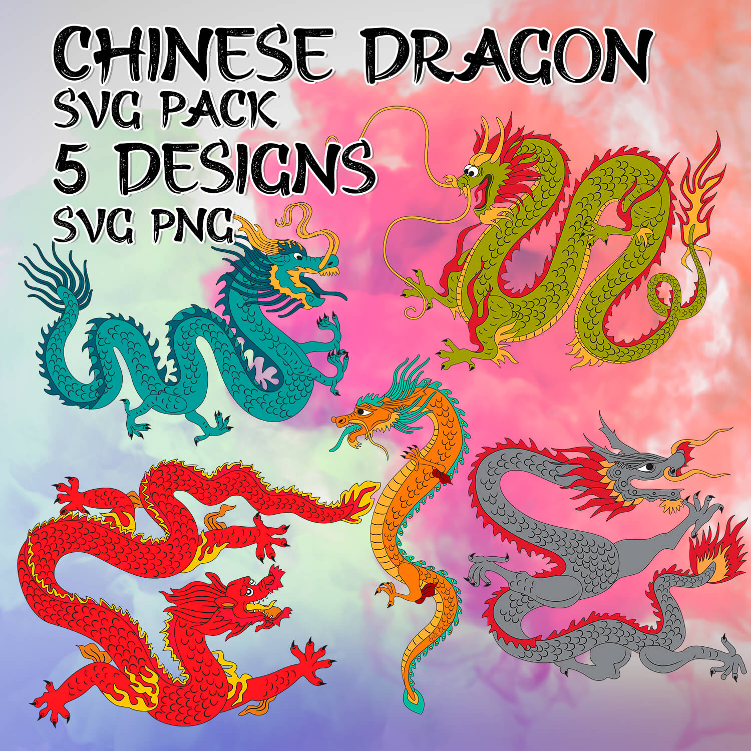 5 designs of colorful Chinese dragons.