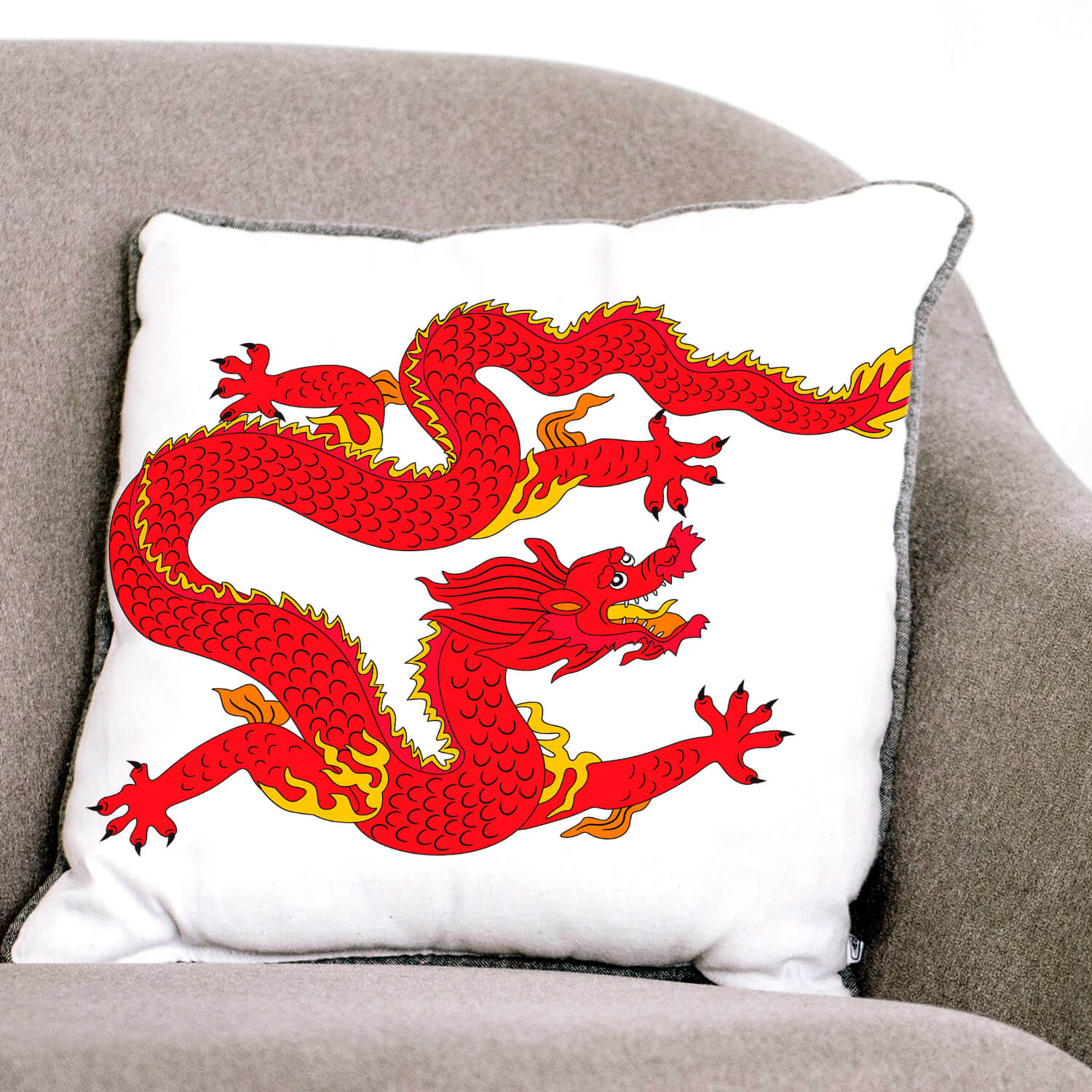 A red Chinese dragon is painted on the white pillow.