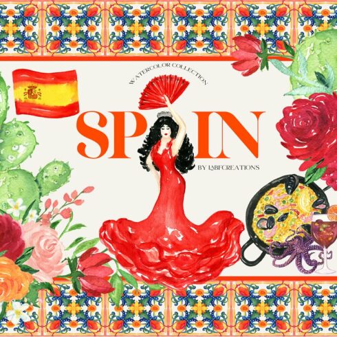 Spain. Tiles Watercolor Clipart 