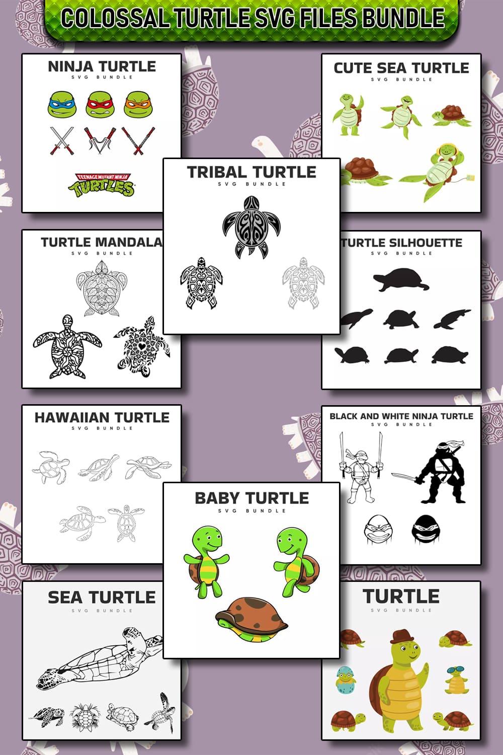 Bunch of turtles that are on a purple background.