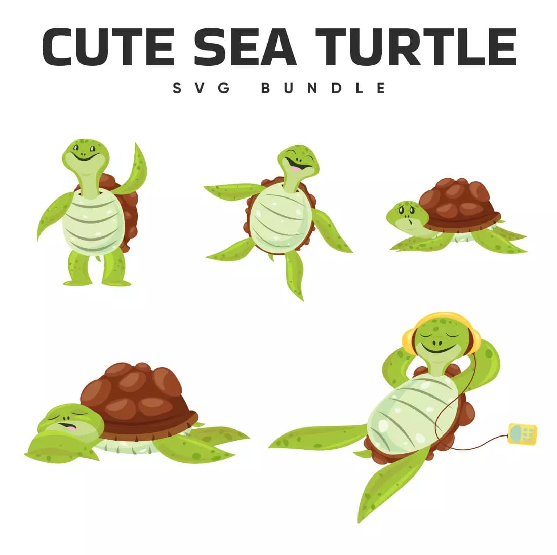 Group of turtles with different poses and expressions.