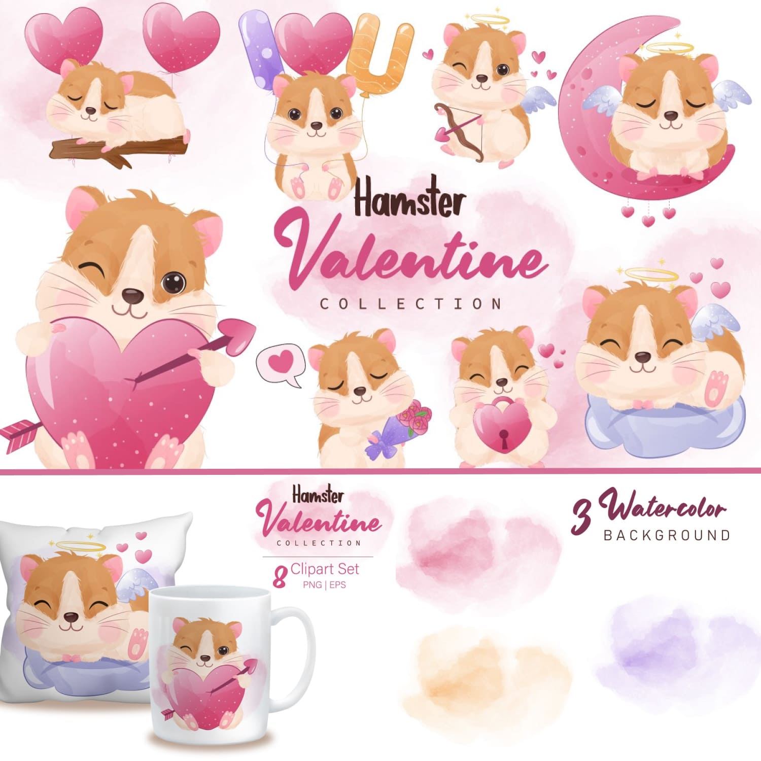 Preview cute valentine hamster clipart set.