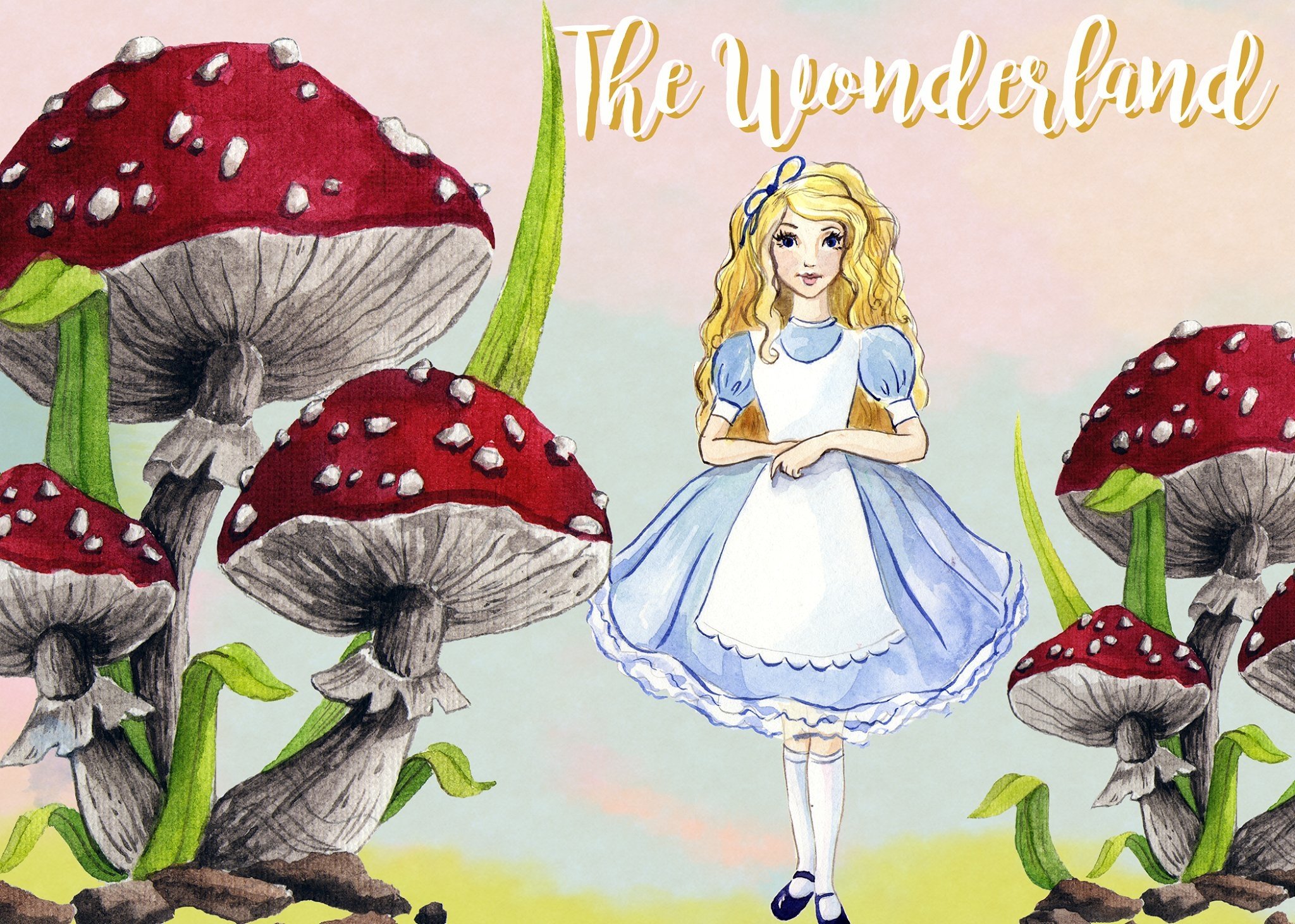 Alice and the big toadstools.
