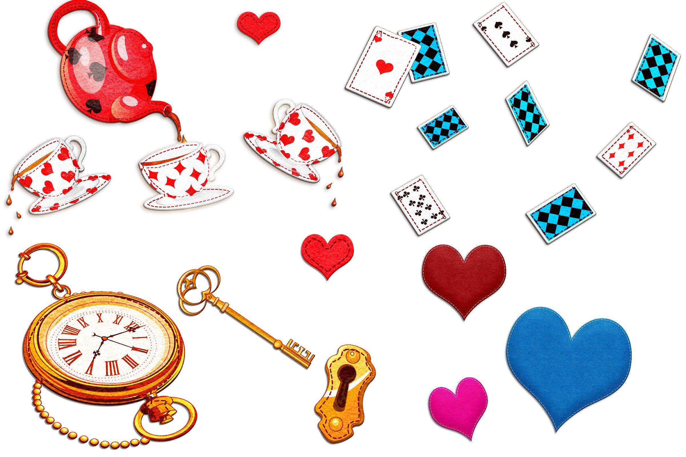 Cup, hearts, key and lock, compass and others.