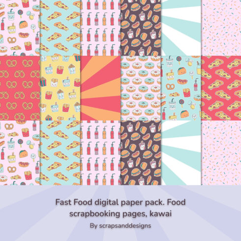 Prints of fast food digital paper pack. food scrapbooking pages kawai.
