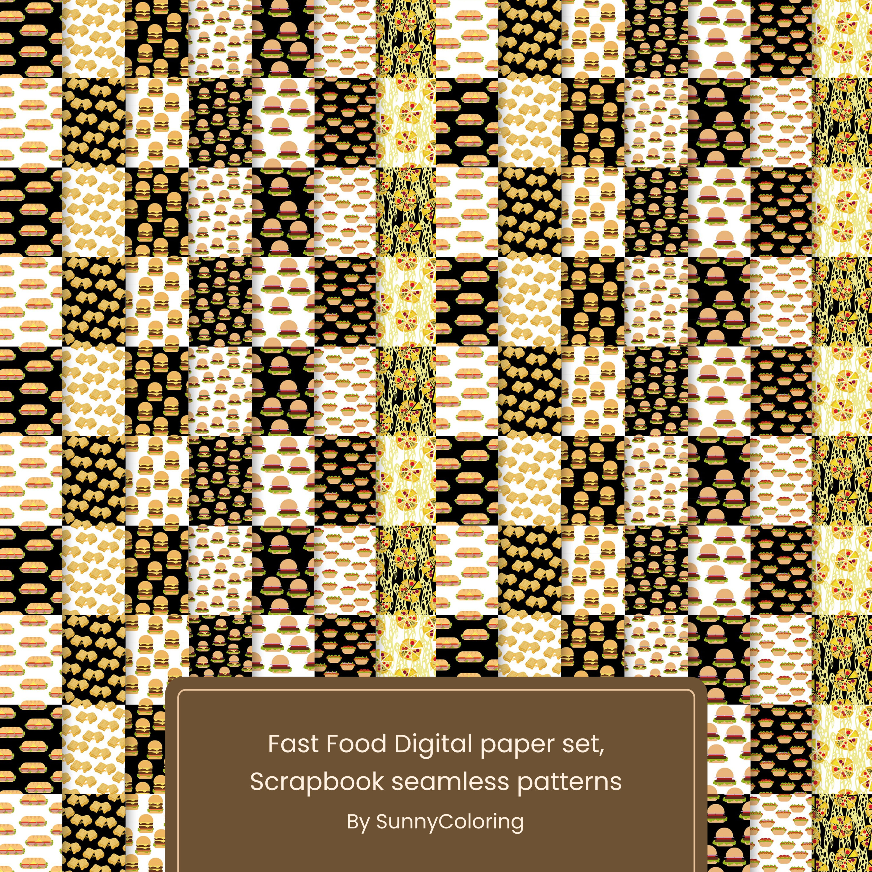 Prints of fast food digital paper set scrapbook seamless patterns.