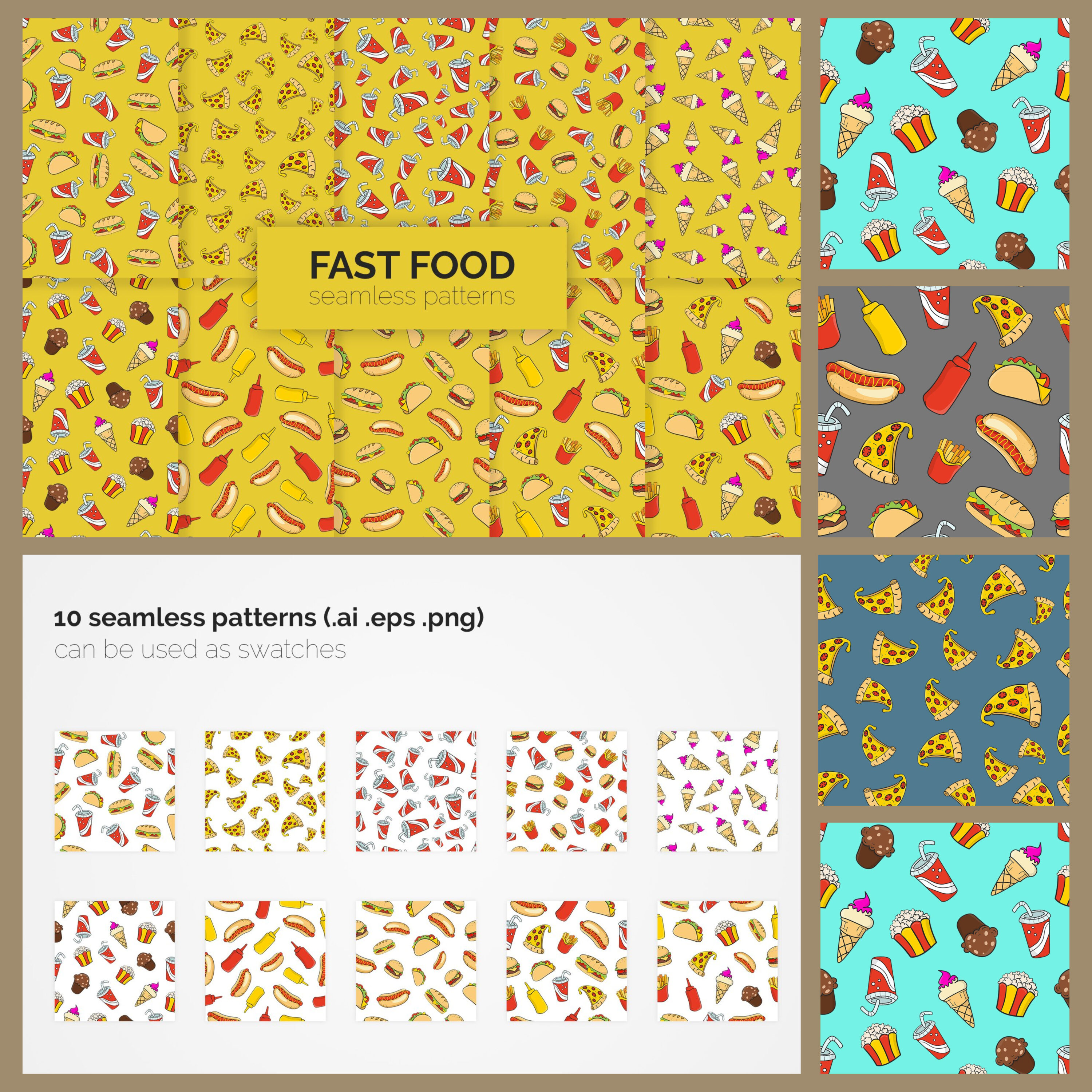 Preview fast food seamless patterns.