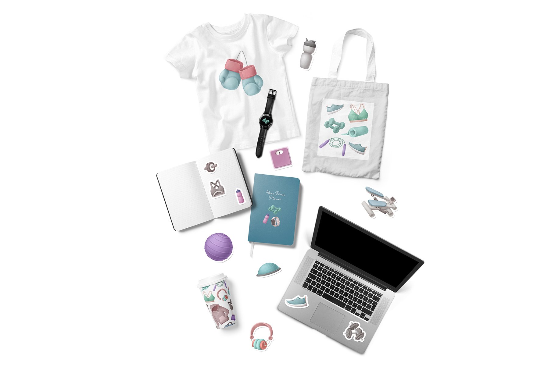 fitness printed t-shirt, fitness print bag, fitness stickers.