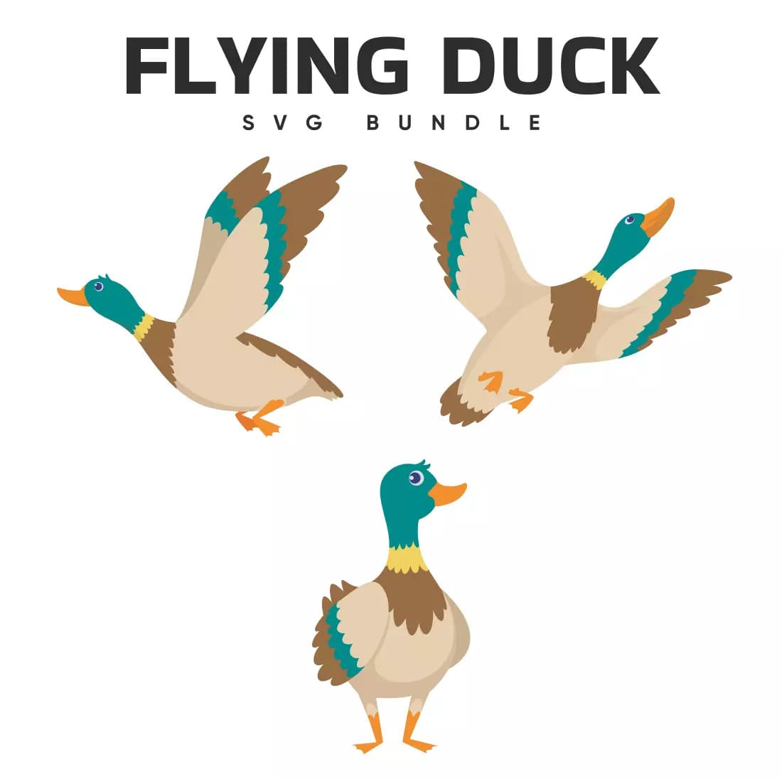 Three ducks flying in the air with the words flying duck svg bundle.