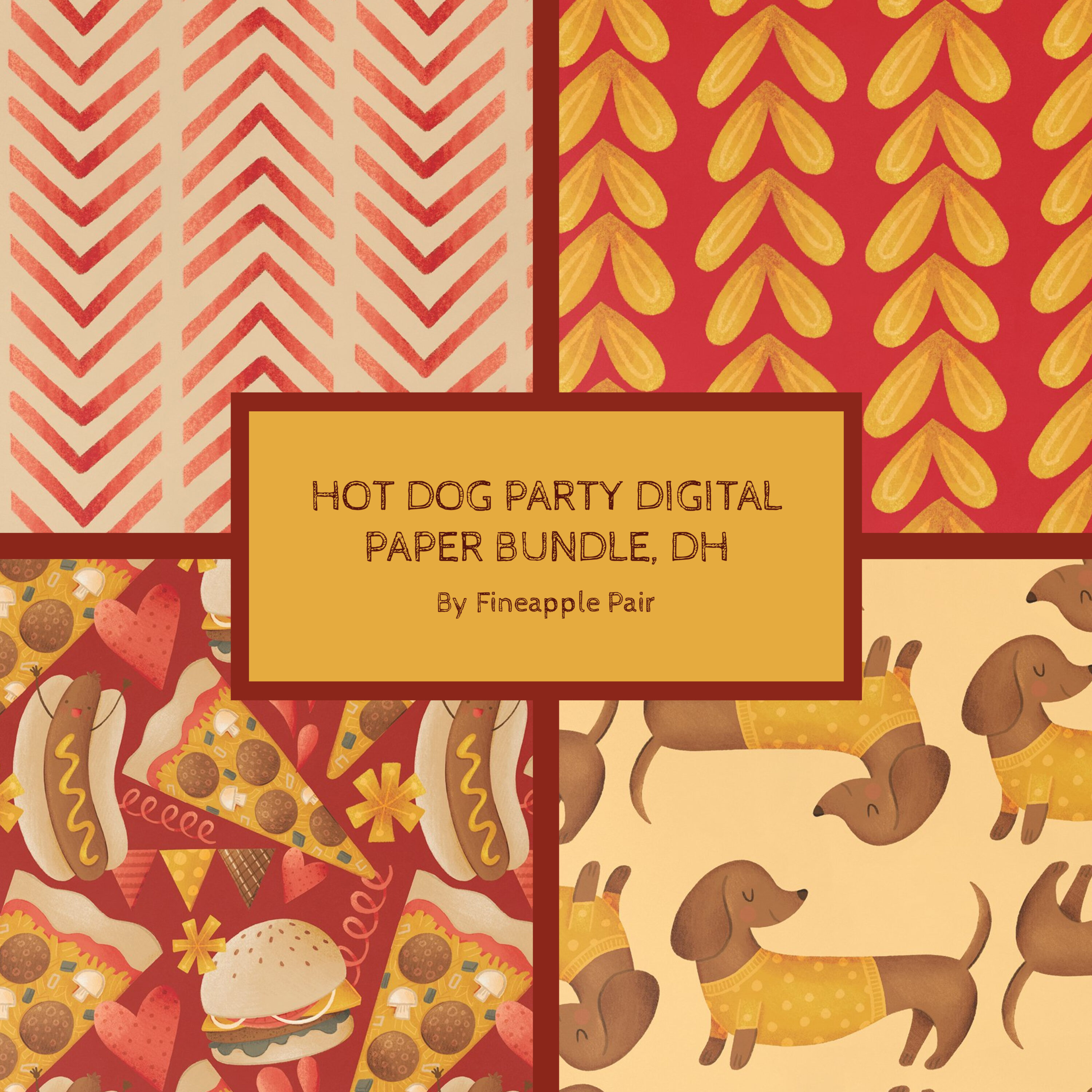 Prints of hot dog party digital paper bundle.