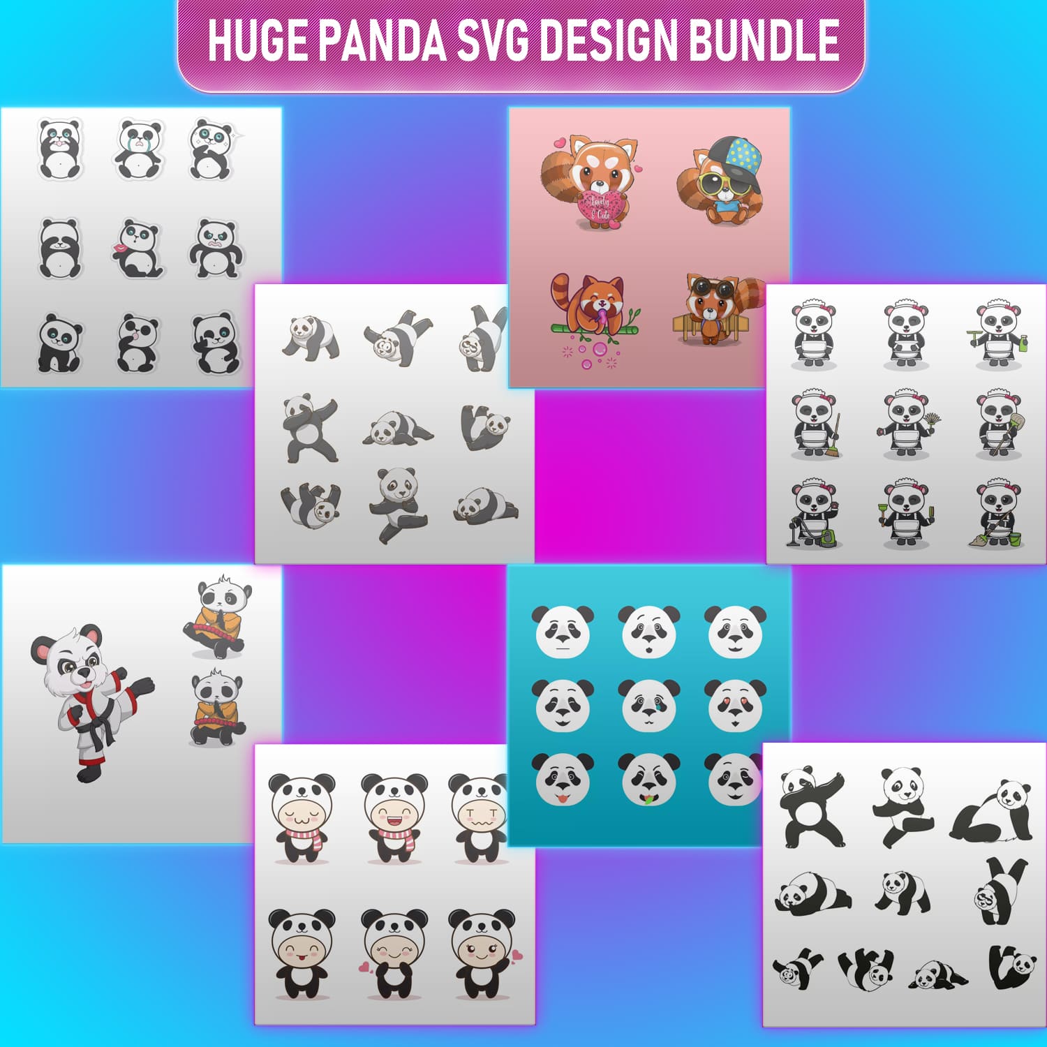 Bunch of panda stickers on a blue and pink background.