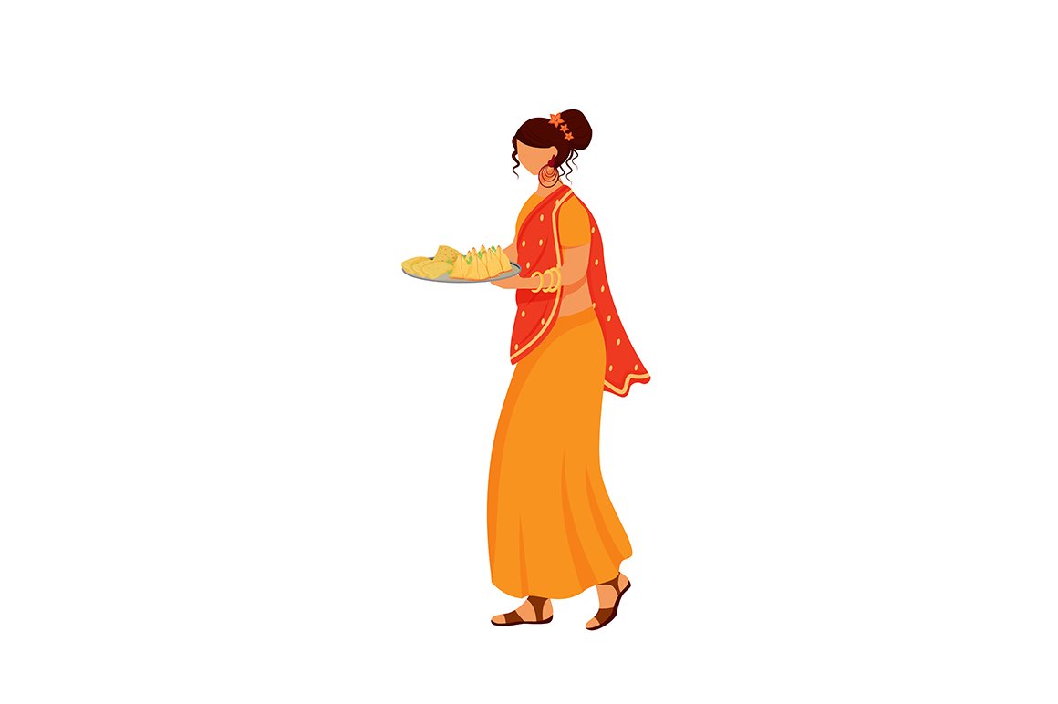 A girl in orange folk clothes of India.