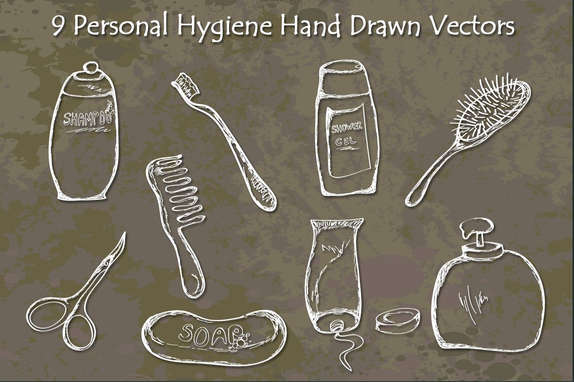 Painted versions of items of wet hygiene.