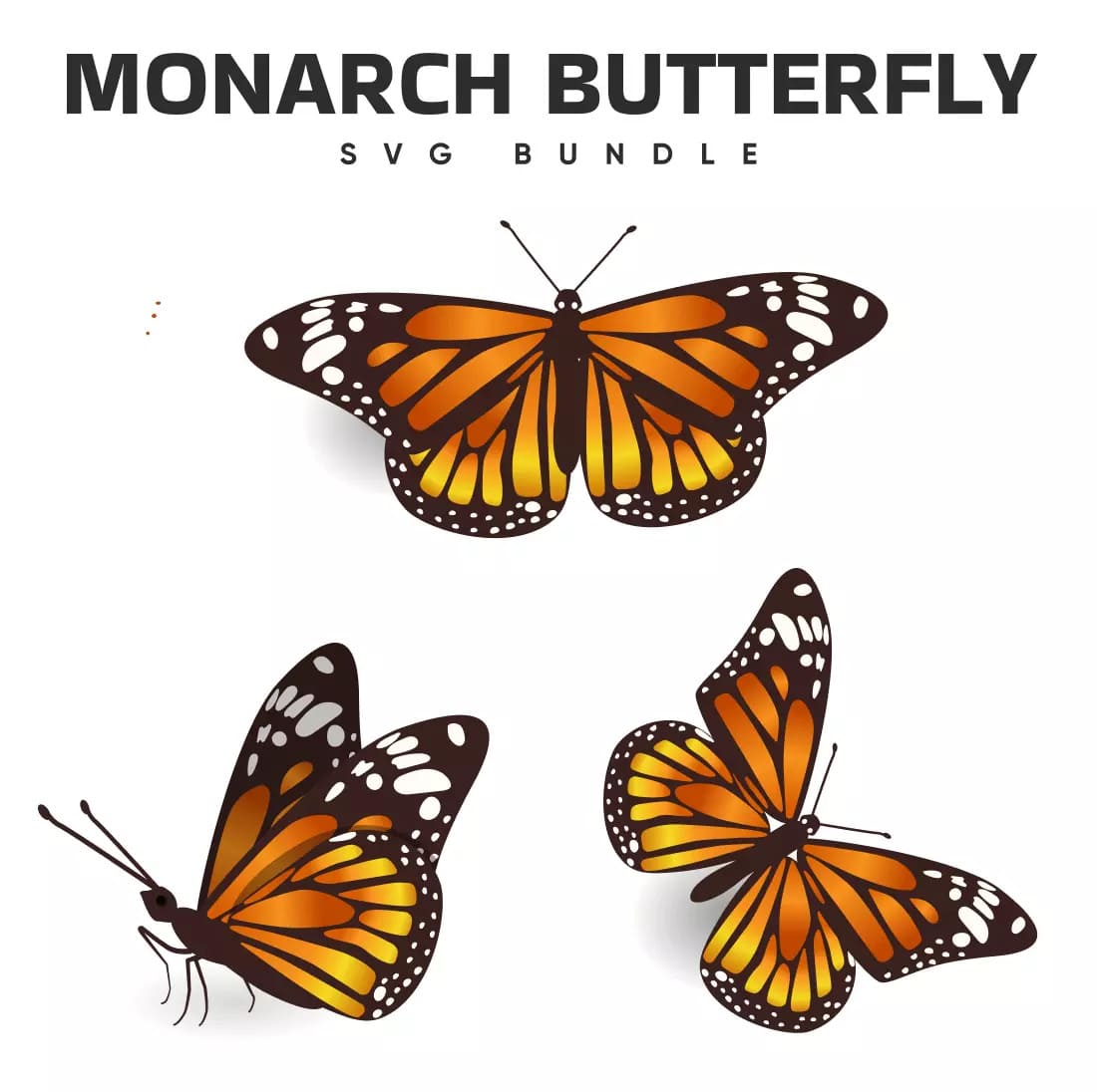 Three monarch butterflies with the words monarch butterfly svg bundle.