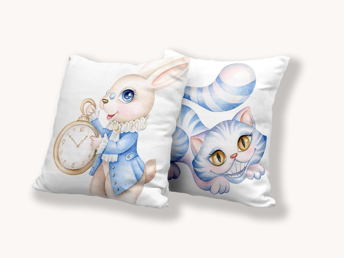 Beautiful pillows with a cat and a rabbit.