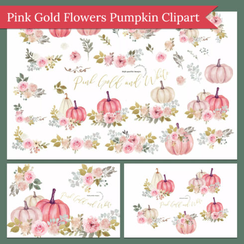 Prints of pink gold flowers pumpkin clipart.