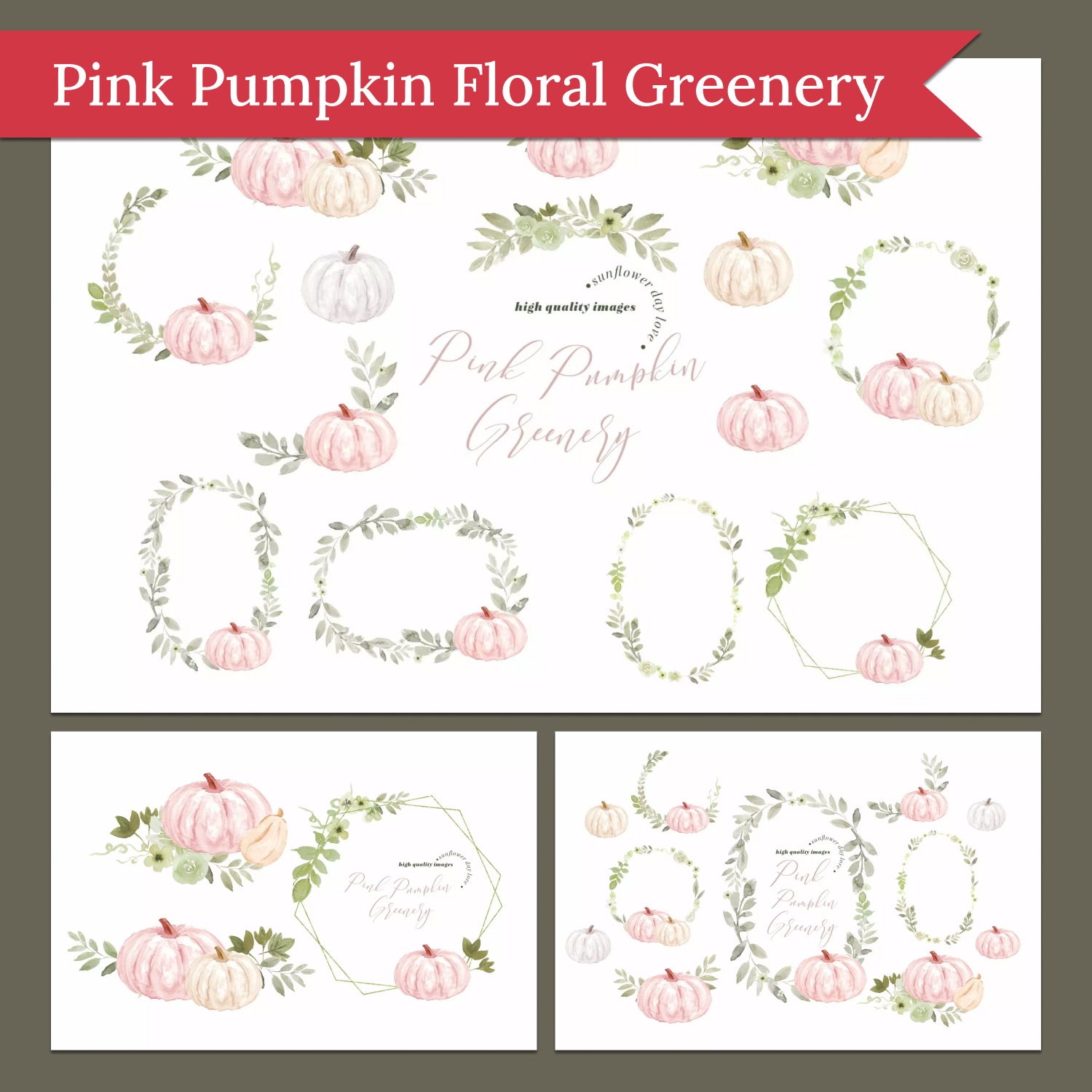 Prints of pink pumpkin floral greenery clipart.