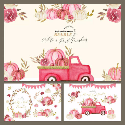Prints of pink pumpkin truck bundle clipart.