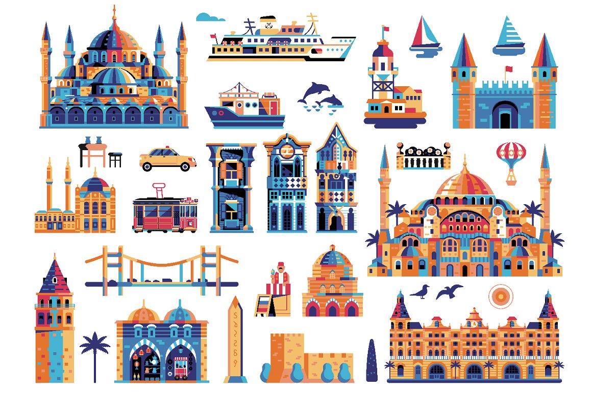 Image of colored castles and a Turkish castle.