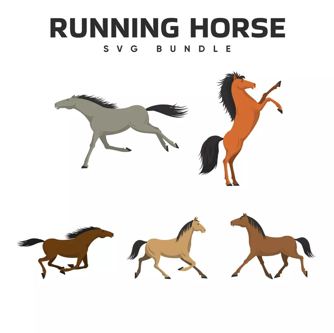 Group of horses running across a white background.