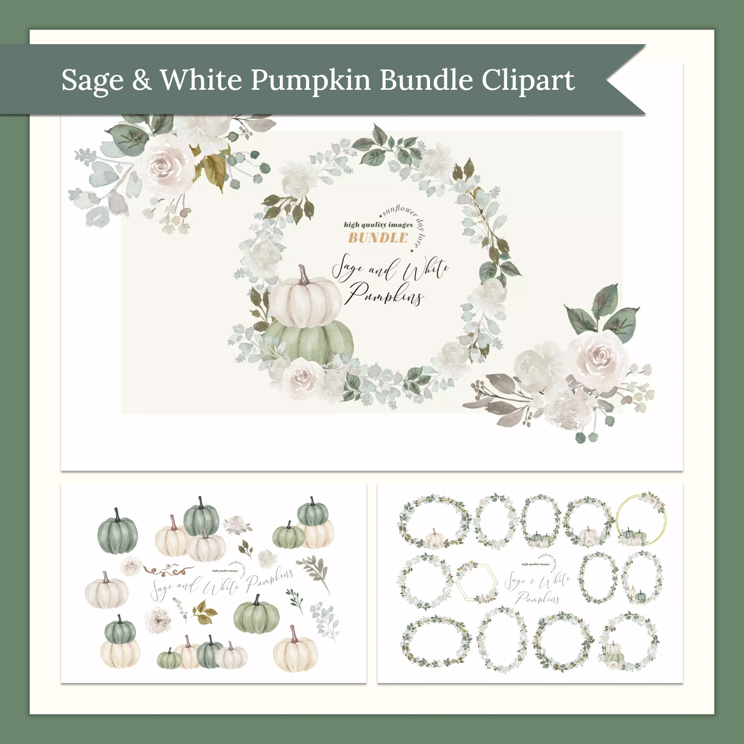 Prints of sage white pumpkin bundle clipart.