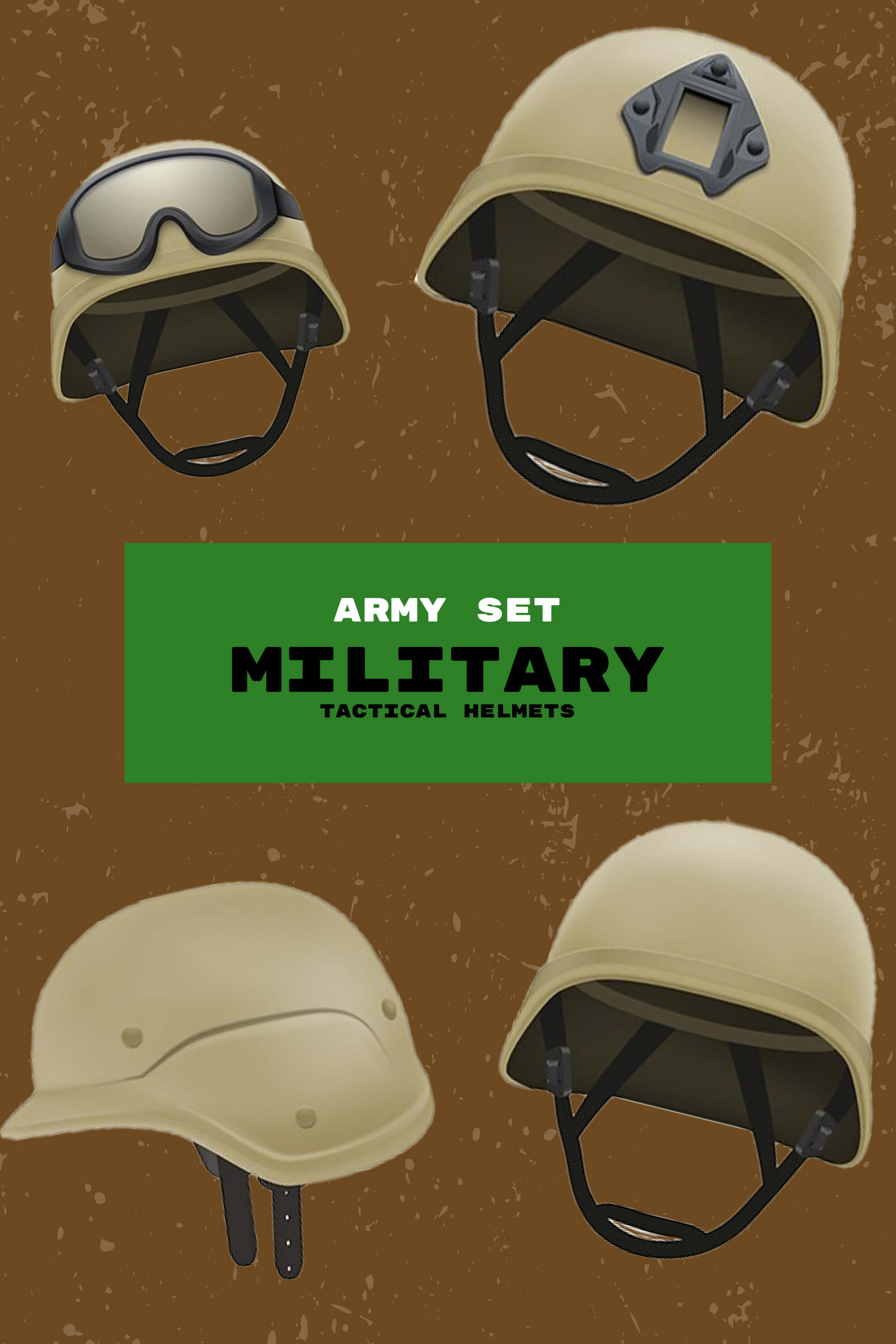 Military helmets with glasses on a brown background.