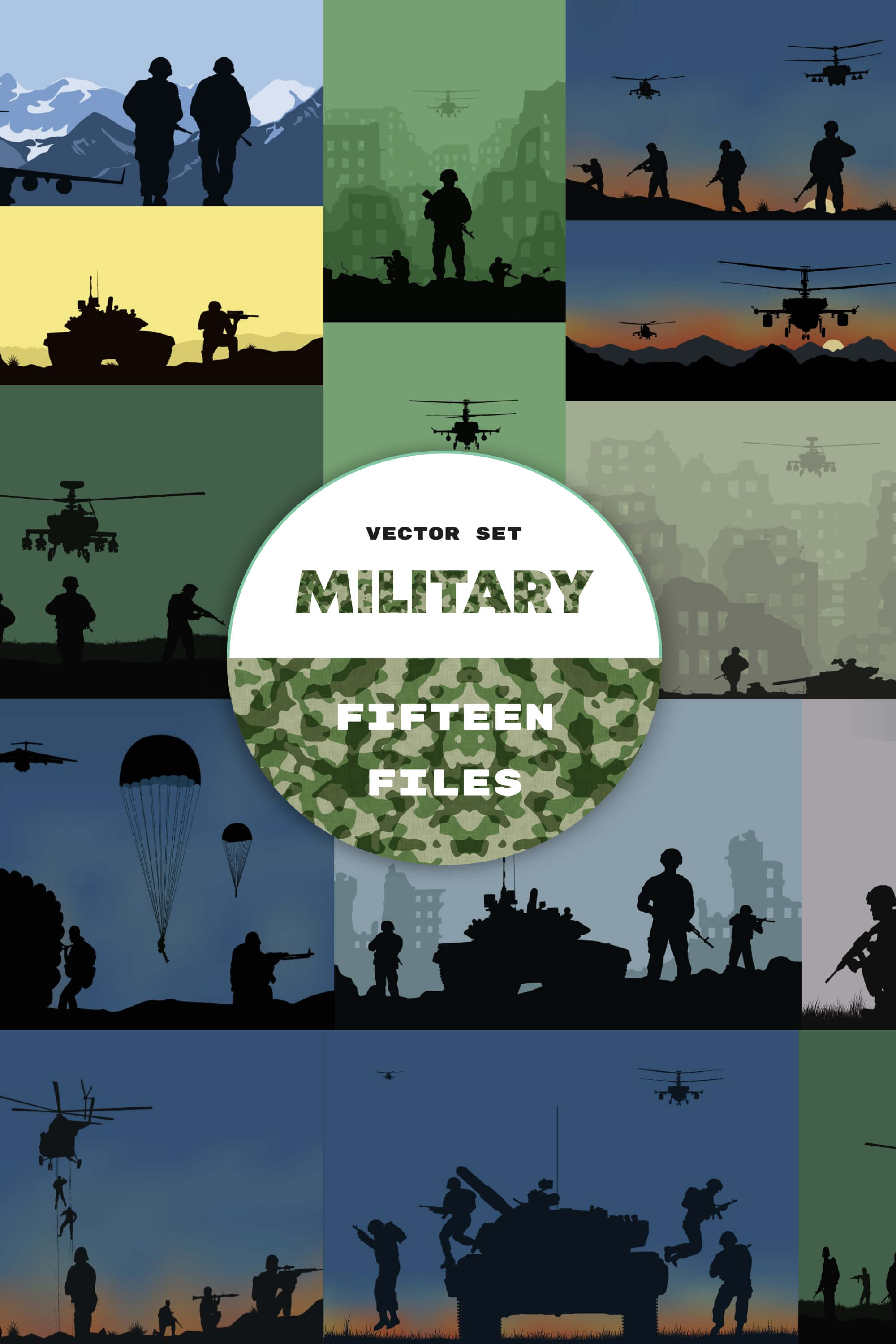 Round icon with the inscription "Vector set military fifteen files" and illustrations of military operations.