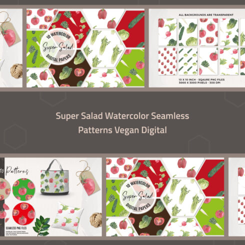 Prints of super salad watercolor seamless patterns vegan digital.