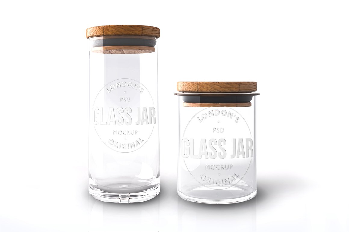 Transparent jar with a gray label.
