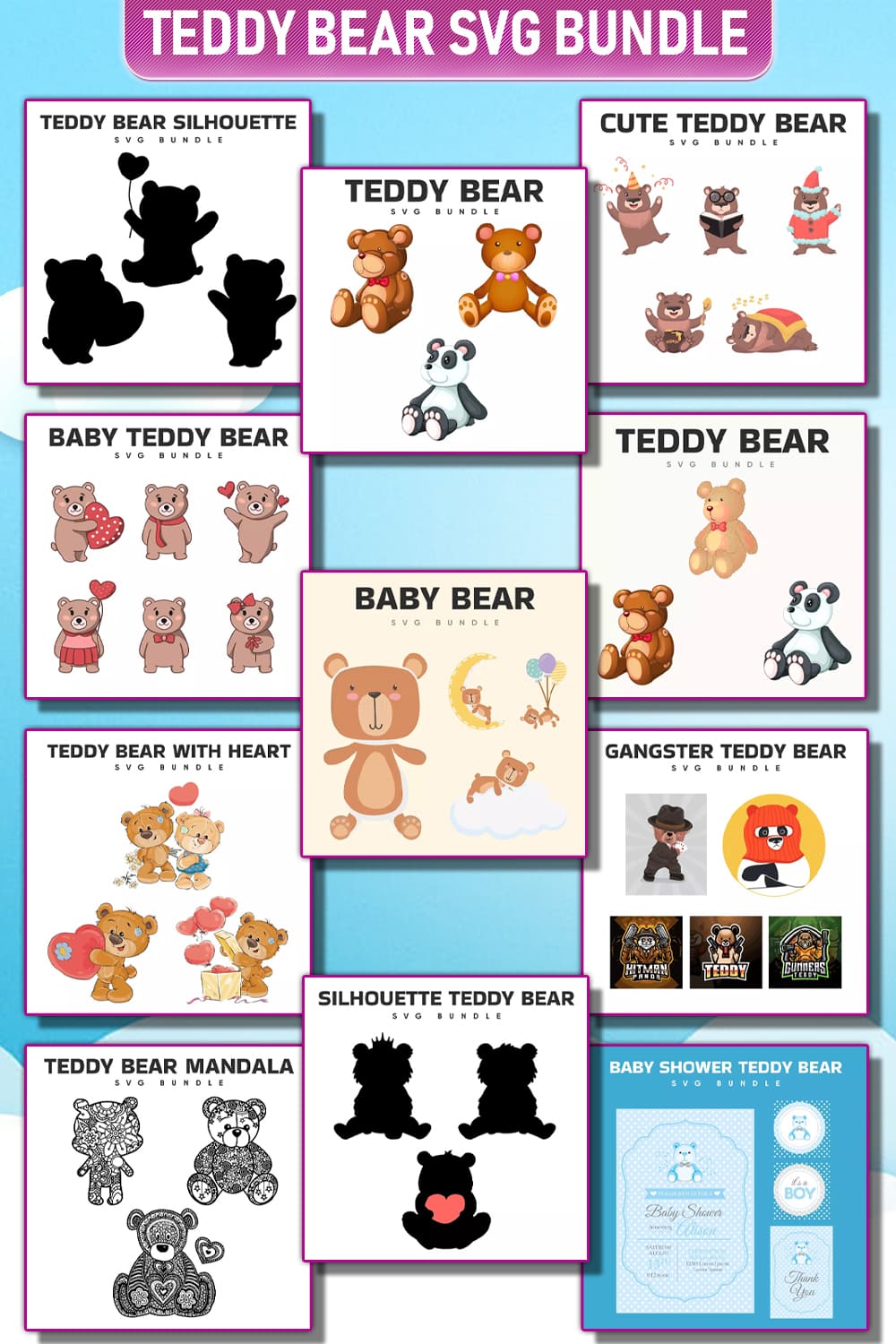 The teddy bear svg bundle includes teddy bears.