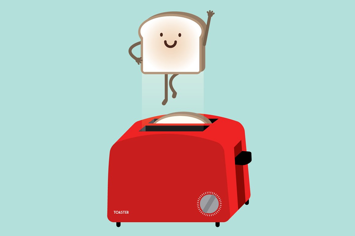A red toaster with a cheerful bread.
