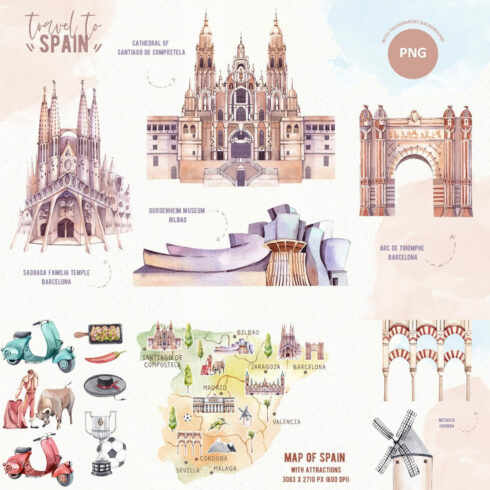 Prints of travel to spain. watercolor clipart.