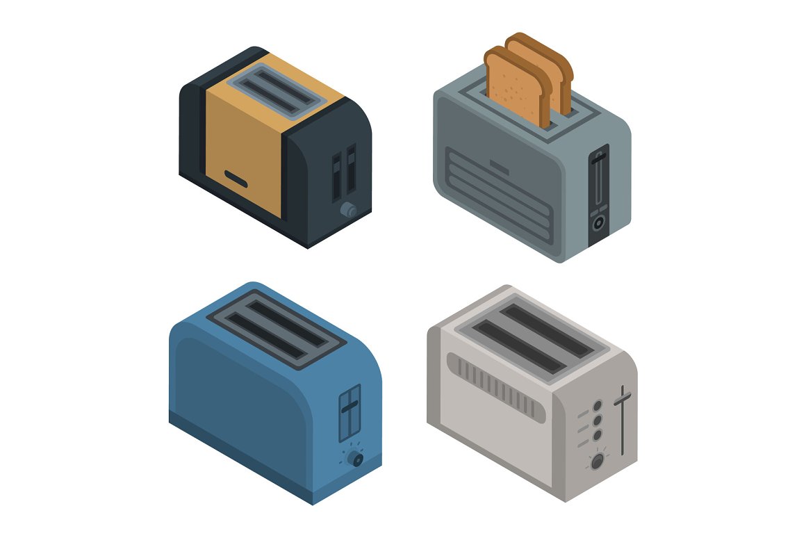 Different toasters are colored.