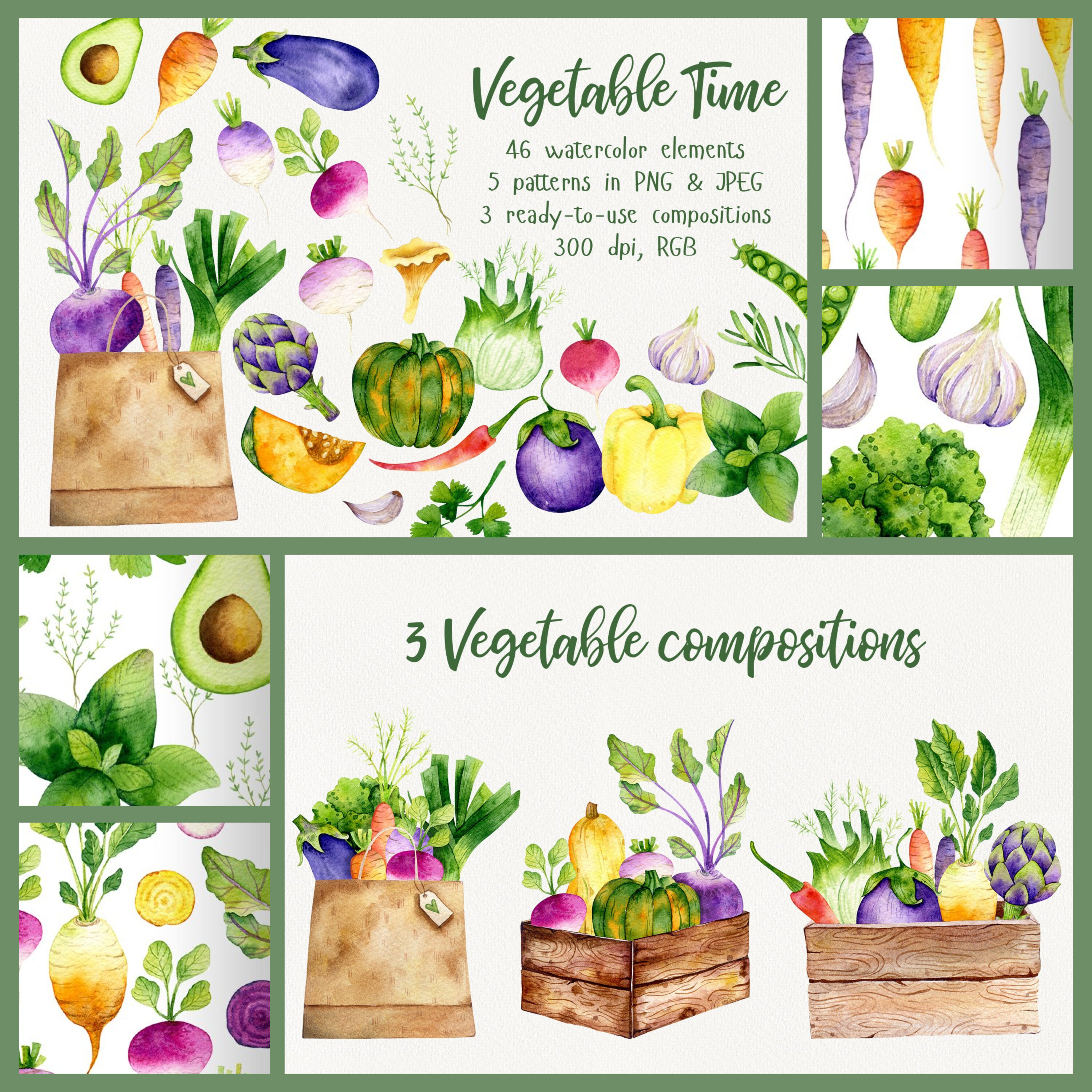 Prints of vegetable time watercolor set.