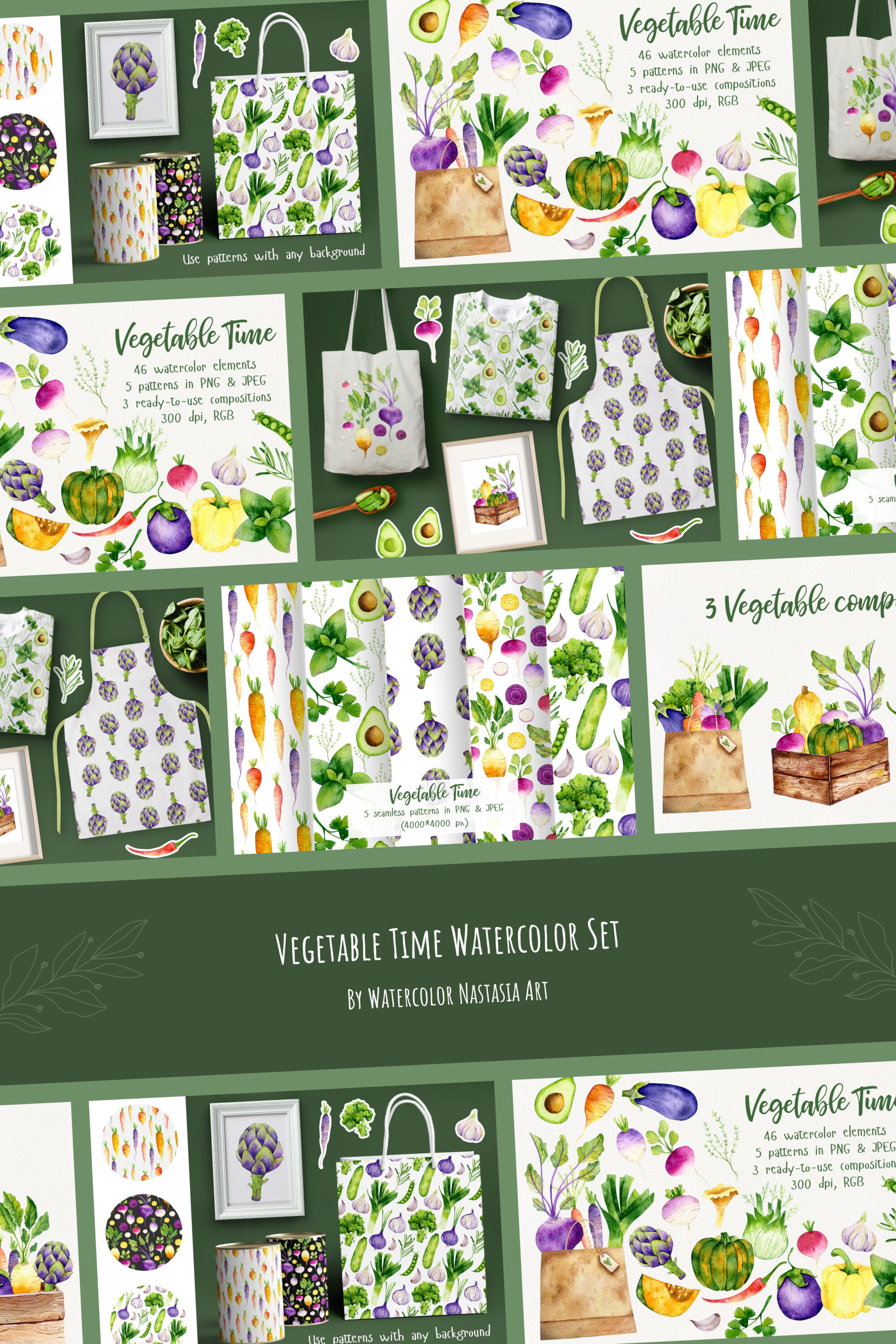 Vegetable time watercolor set of pinterest.