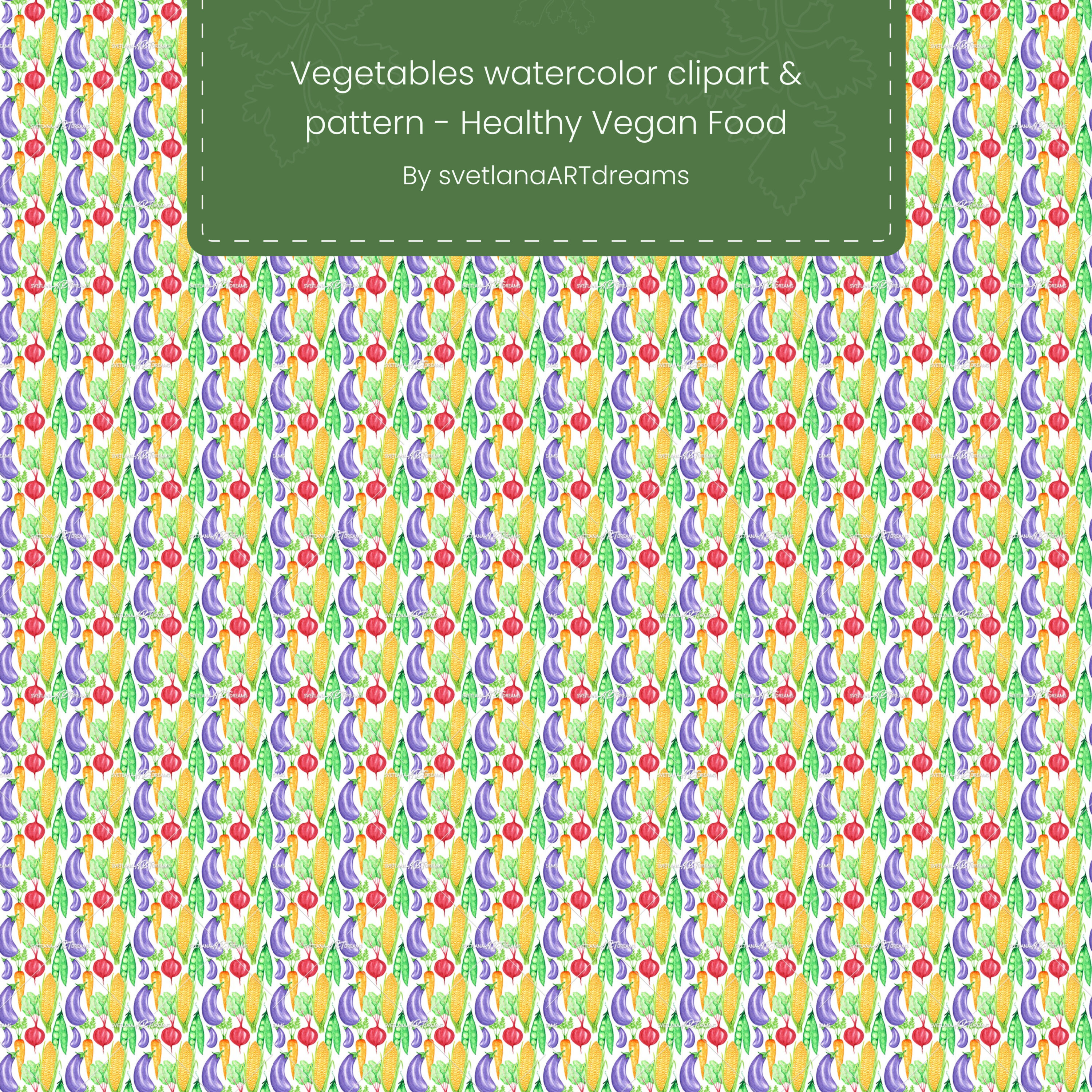 Prints of vegetables watercolor clipart pattern healthy vegan food.