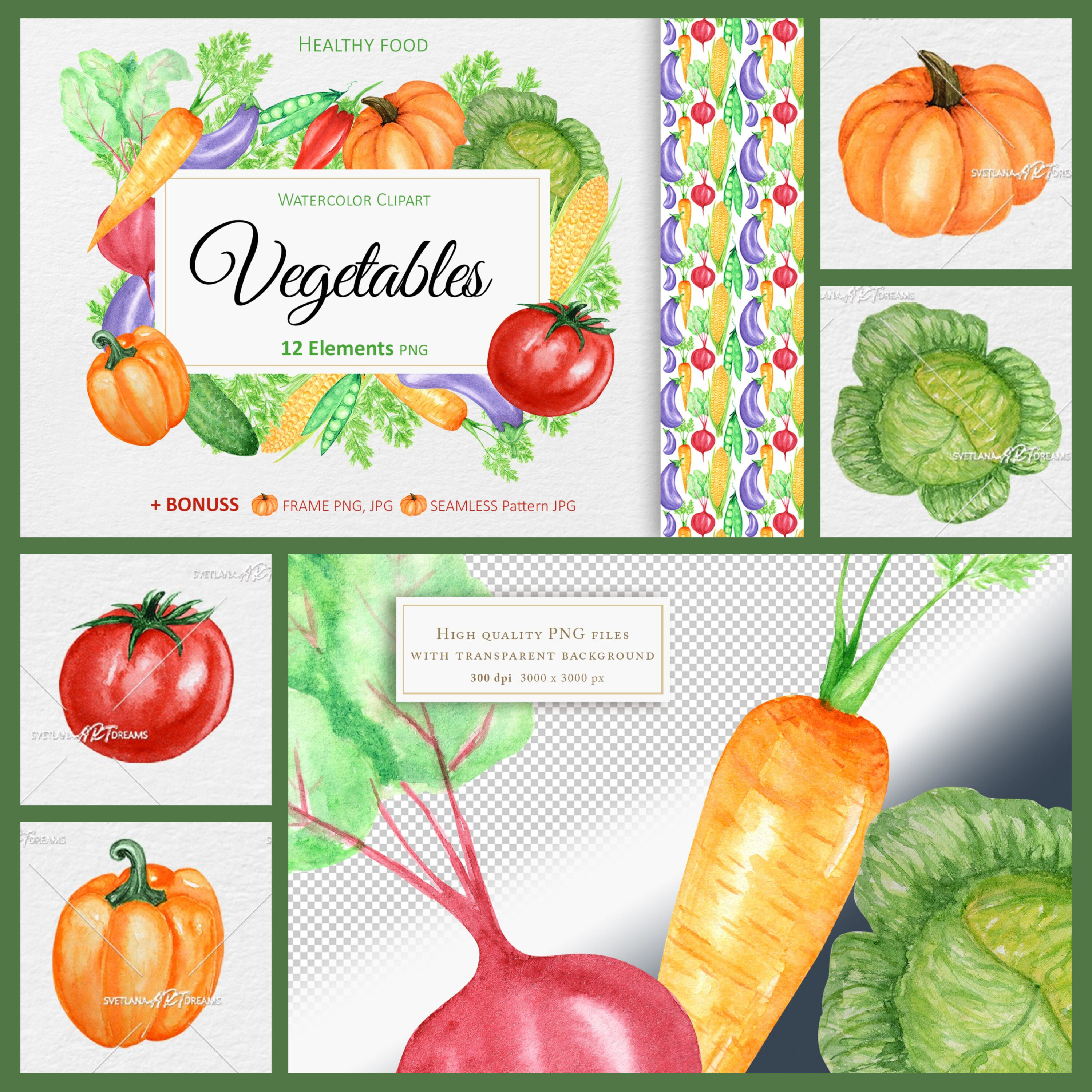 Preview vegetables watercolor clipart pattern healthy vegan food.