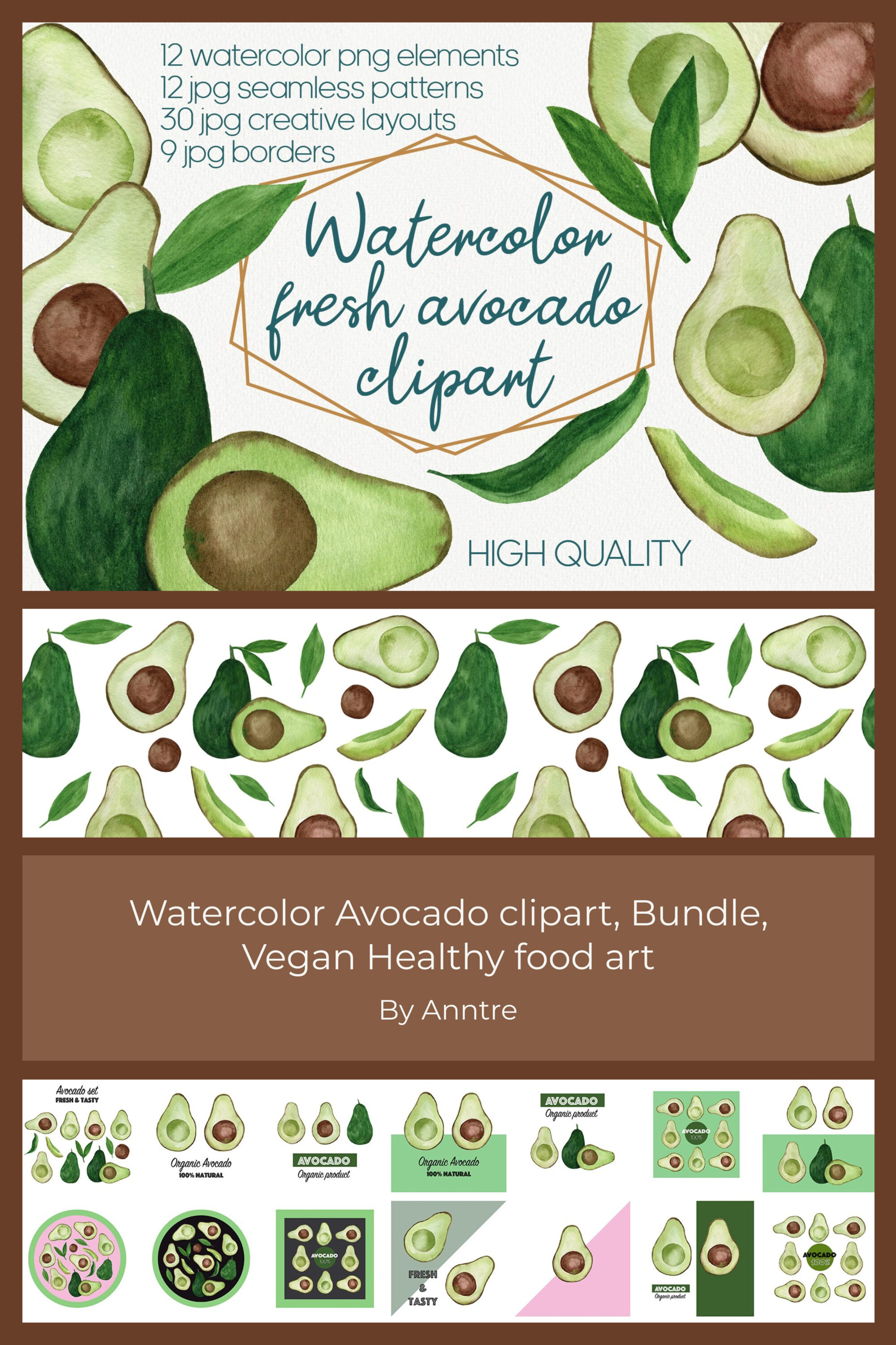 Watercolor avocado clipart bundle vegan healthy food of pinterest.