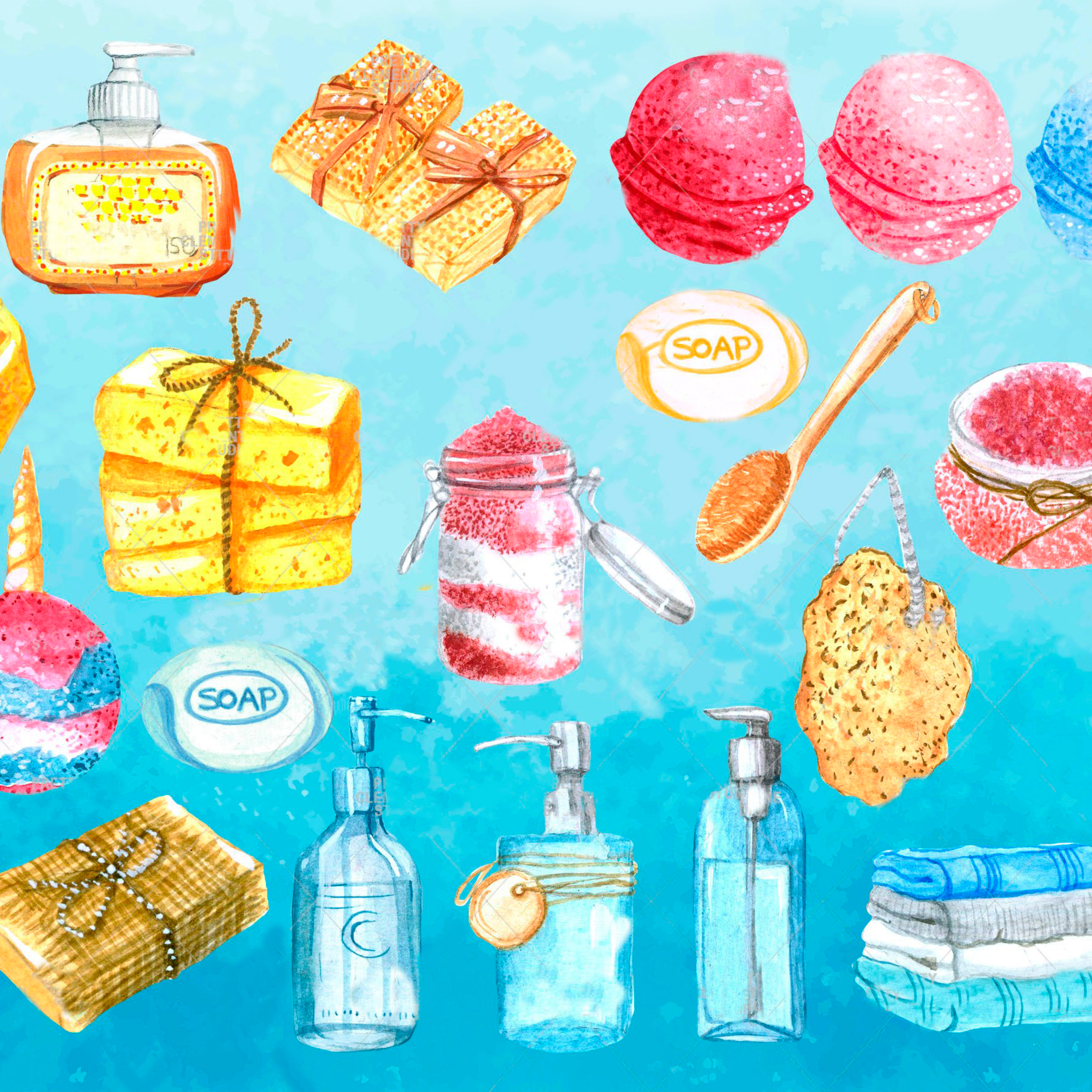 Preview watercolor bath products clipart.