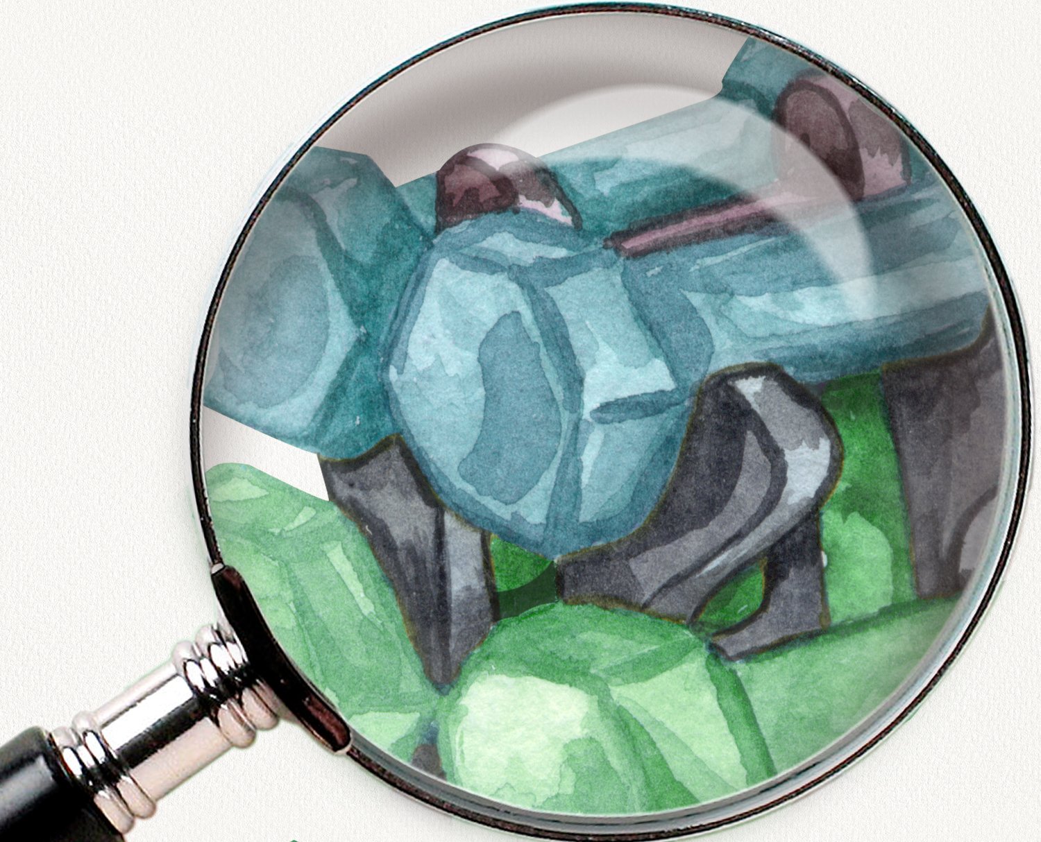Watercolor image of a dumbbell under a magnifying glass.