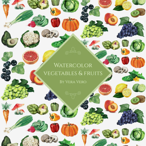 Prints of watercolor vegetables fruits.