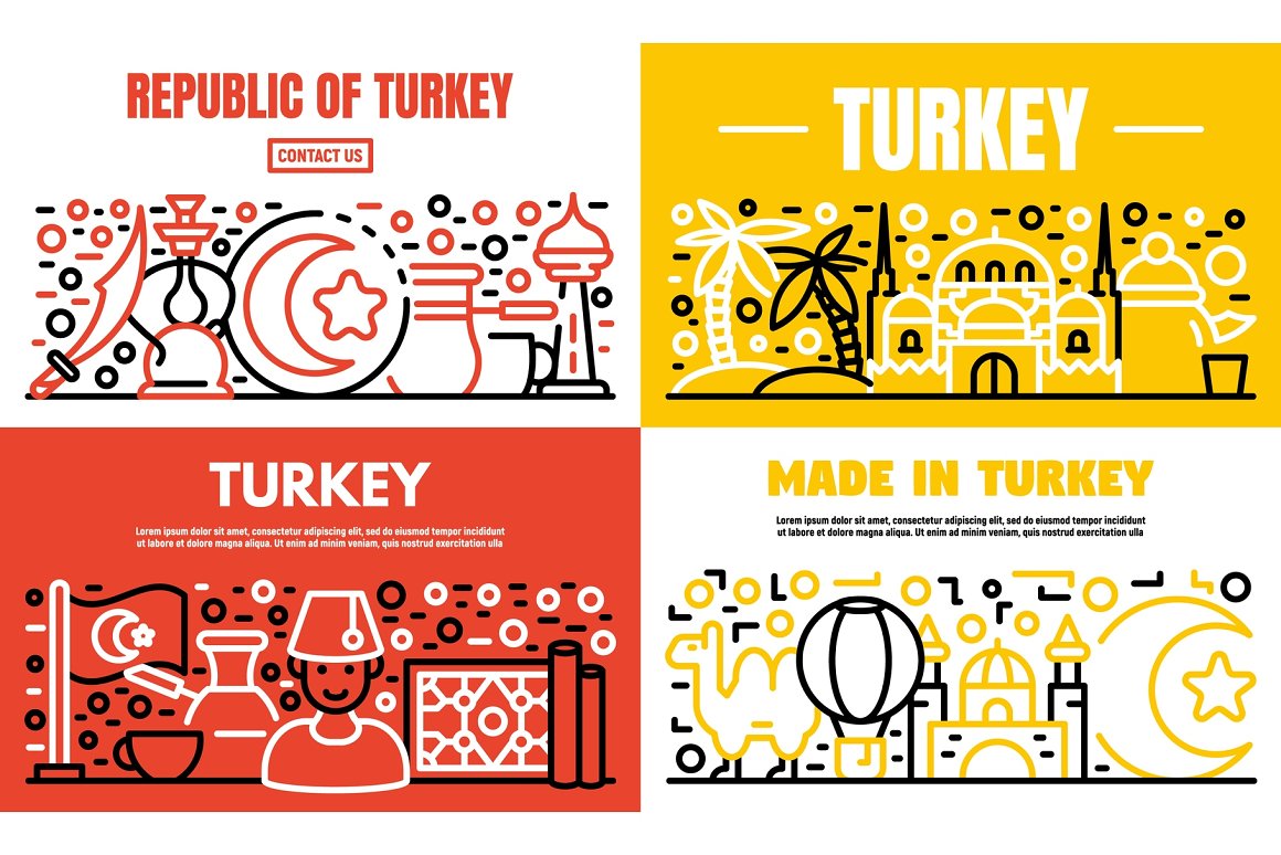 Multicolored pictures with drawings of symbols of Turkey.