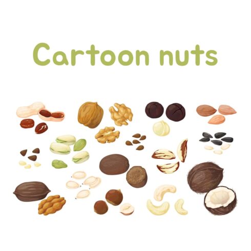 Exotic and more familiar nut grains are drawn cartoonishly.