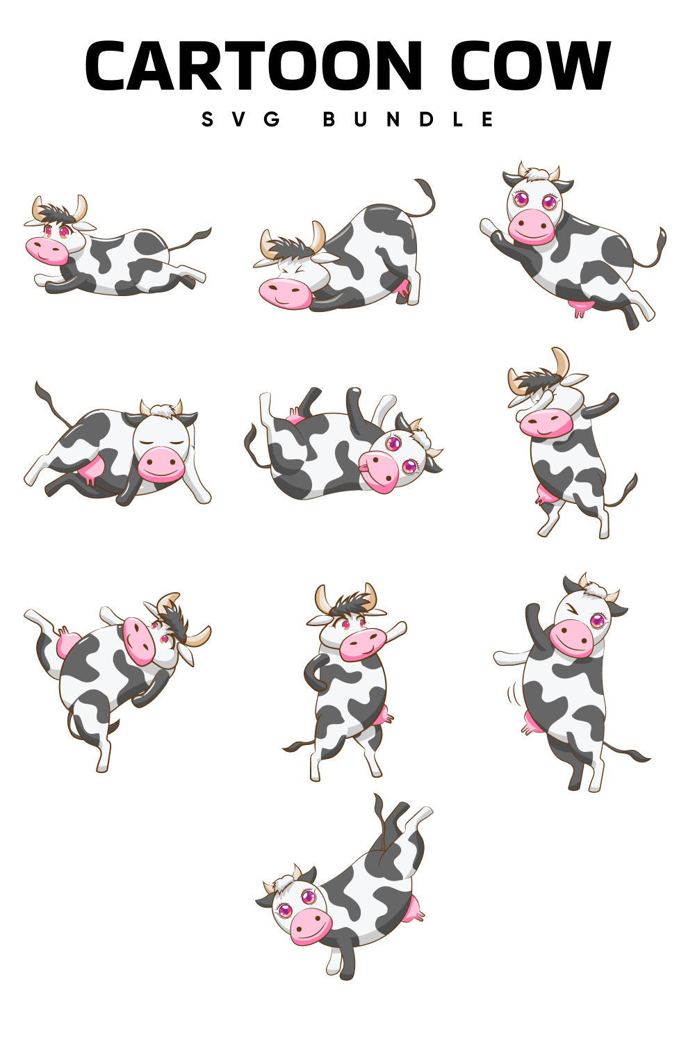 Cartoon cow is shown with different expressions.