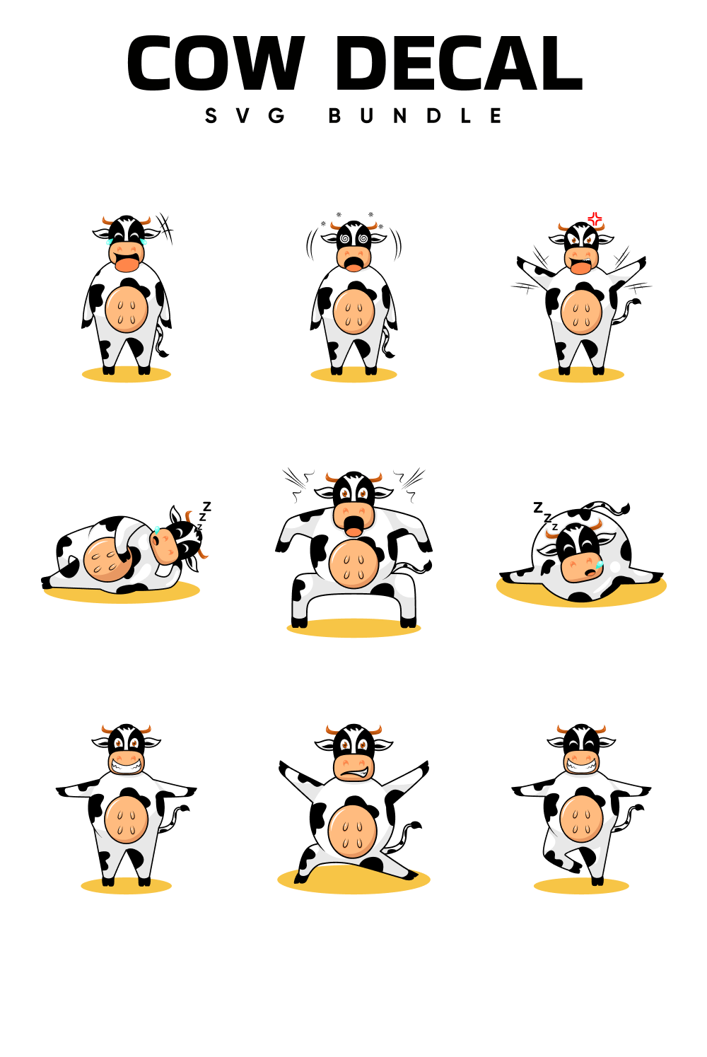 Cartoon cow with different poses and expressions.